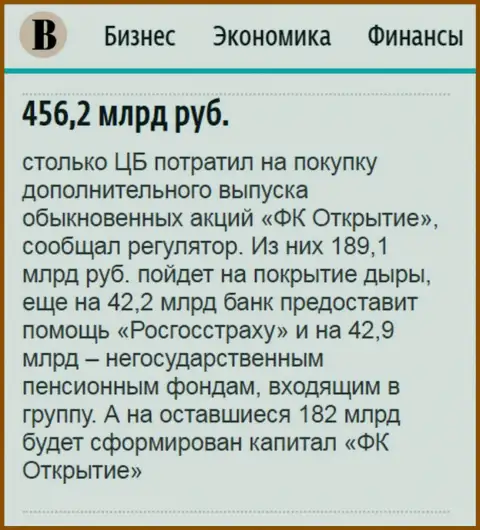 Как написано в ежедневной газете Ведомости, почти 500 млрд. российских рублей направлено было на докапитализацию ФК Открытие