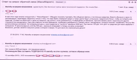 МаксиМаркетс Орг - еще одна доверчивая клиентка ворюг, которую подтолкнули взять деньги в долг суммой в 4 500 долларов США - SCAM !!!