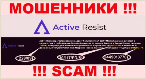 Совместно работать с организацией Active Resist КРАЙНЕ ОПАСНО, невзирая на расположенную лицензию на их web-сайте