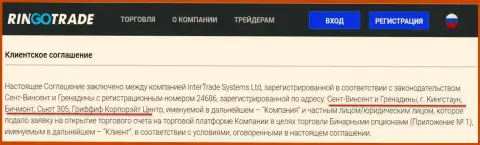 Соглашение с клиентом ФОРЕКС организации Ринго Трейд, с уточнением места расположения в офшорном государстве Сент-Винсент и Гренадины