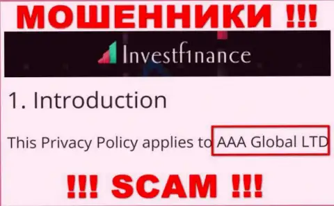 Организация InvestF1nance находится под руководством организации AAA Global Ltd