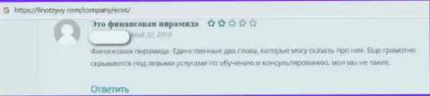 Автор отзыва рекомендует не рисковать своими кровными, отправляя их в мошенническую компанию ECOS