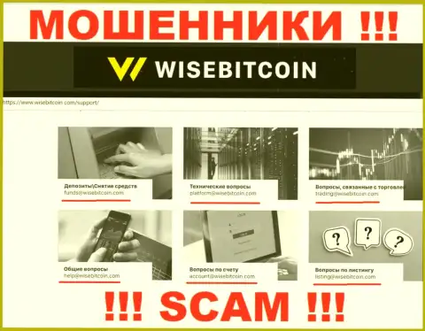 В разделе контакты, на официальном интернет-сервисе internet-мошенников WiseBitcoin, найден был представленный адрес электронного ящика